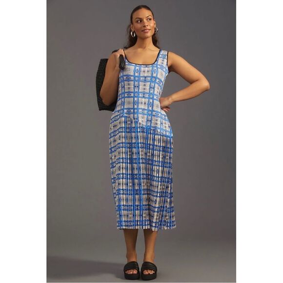 NEW Anthropologie Dhruv Kapoor Blue Plaid Mesh Scoop Neck Midi Dress Plus 2X - Picture 1 of 8